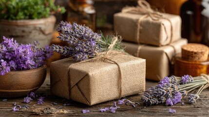 Wrapped Gifts with Lavender and Natural Products Still Life