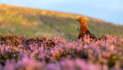 Obraz premium A reddish-brown grouse stands amidst a field of vibrant pink heather, bathed in warm sunlight.