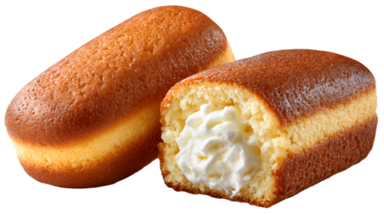 Classic Twinkies, with one cut to reveal the creamy filling inside the golden sponge cake. An iconic, isolated shot of a beloved American snack cake.