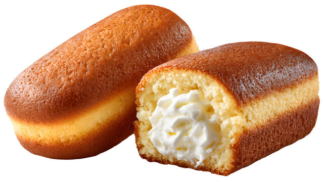 Classic Twinkies, with one cut to reveal the creamy filling inside the golden sponge cake. An iconic, isolated shot of a beloved American snack cake.