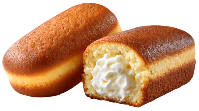 Classic Twinkies, with one cut to reveal the creamy filling inside the golden sponge cake. An iconic, isolated shot of a beloved American snack cake.