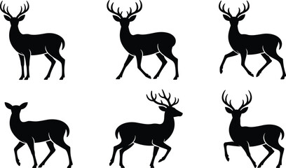 Deer silhouettes, stag and doe, walking poses, wildlife vector set, forest animals, black icons, nature illustration, graceful movement
