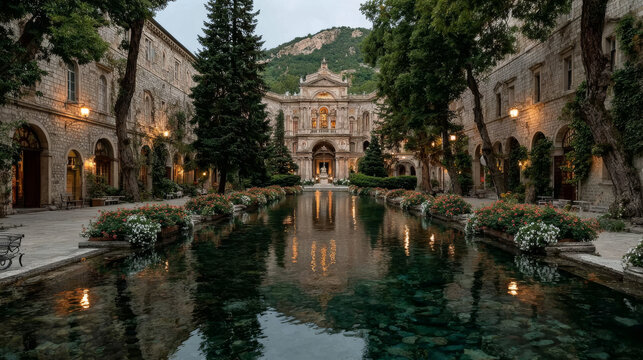 Monastery in Cassino.In the courtyard of the monastery of Cassino.Italy. Lazio.