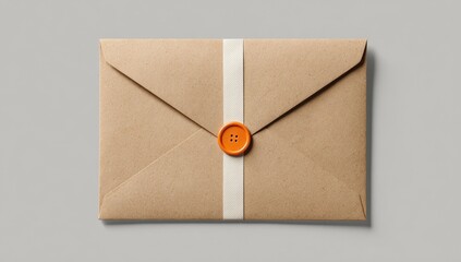 A closed kraft envelope, horizontally oriented, with a decorative orange button seal and white stripe