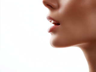 Naklejka premium close up profile of woman face, showcasing her lips and jawline against white background, conveying sense of elegance and beauty