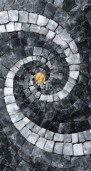 Fototapeta premium Spiral mosaic pattern, dark gray and white tiles, golden center