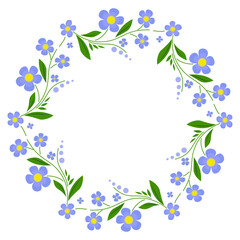 Mandala of flowers in folk style. Flower wreath on white background. Vector illustration graphic design for clothes and tableware. Delicate spring bouquet of flowers. Blue green summer ornament.