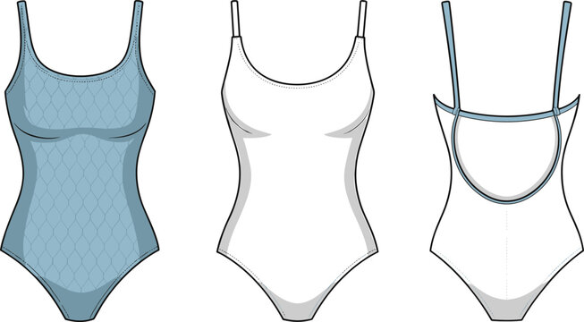 CAD drawing flat vector illustration of one-piece swimsuits, front and back views, stylish fashion layout, swimwear template, garment design sketchCAD drawing flat vector
