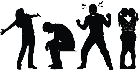 Emotional silhouette illustrations, human body language, joy, sadness, anger, affection, relationship poses, black vector, psychology icons