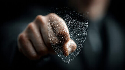 Businessman on blurred background using shield safe protection to protect his datas 3D rendering