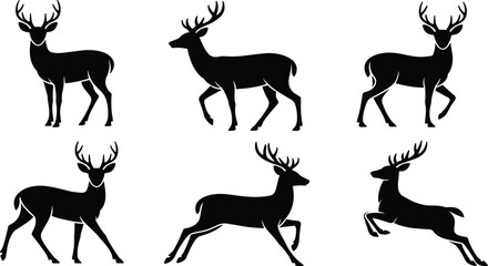 Elegant deer silhouette set, antler poses, walking, leaping, standing, minimalist wildlife vector, nature animal design, black art