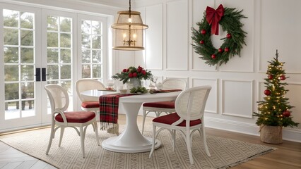 Fototapeta premium Minimalist White Interiors Christmas dining room with tulip base glossy lacquer table and elegant holiday styling for Florida coastal homes