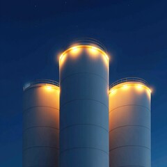 Three tall, cylindrical, white storage tanks at night, illuminated by yellow lights