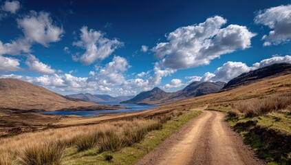 Scenic dirt road winding through a valley, leading to a loch nestled amongst Scottish highlands. Vast landscape, bright sunlight, fluffy clouds against a clear blue sky. Golden-brown hills and grass