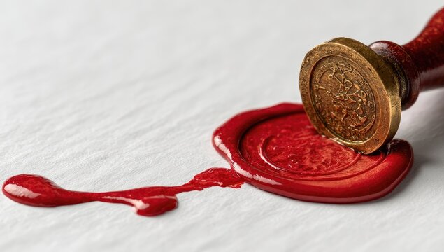 Antique wax seal.  Brass stamp on a red wax seal, dripping onto white paper.  Close-up - Powered by Adobe