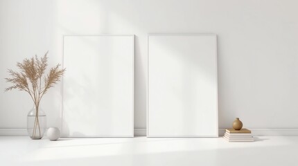 Two blank vertical posters. frame mock up standing on white floor next to white wall with vase and books. Clipping path around posters. 3d illustration 
