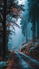 Obraz premium Misty forest path, autumn colors