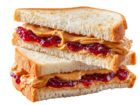 A classic peanut butter and jelly sandwich on soft white bread, cut in half to show the creamy and fruity fillings. A nostalgic, isolated comfort food.