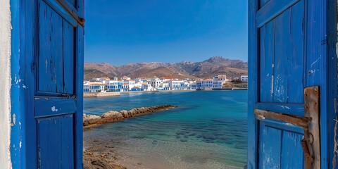 View from an open window with blue shutters to the sea, coastline and whitewashed town