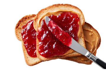 Making a classic PB&J sandwich, with a knife spreading raspberry jam opposite creamy peanut butter. A fresh, isolated shot, perfect for recipe instructions.