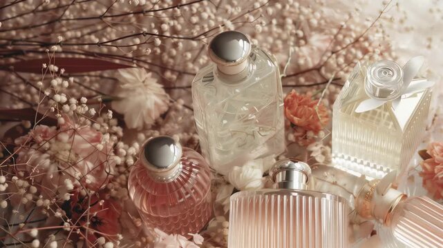 Elegant perfume bottles arranged among pastel flowers, creating a luxurious and feminine scene perfect for beauty, fragrance, and lifestyle marketing campaigns
