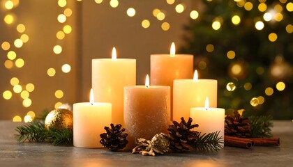 Warm, inviting scene of several cylindrical candles, softly lit, in a festive arrangement with Christmas decorations, against a background of twinkling lights.