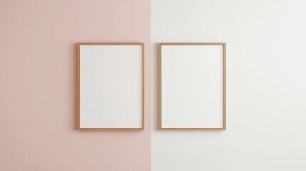 two wooden frames on pink and white wall, frame mockup, 3d render