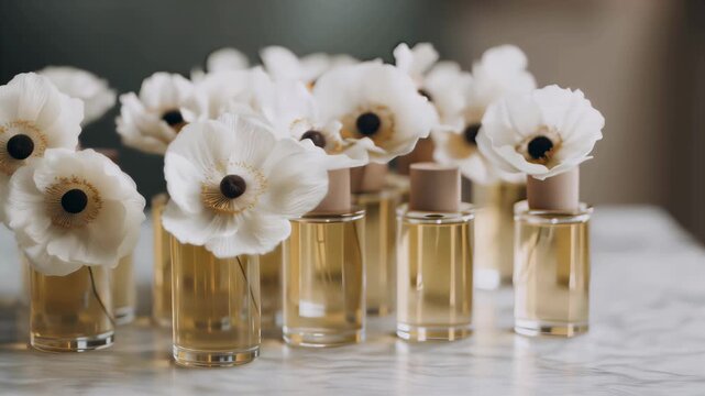 Elegant perfume bottles with white flowers and gold accents evoke luxury, sophistication, and the essence of high-end aromatherapy