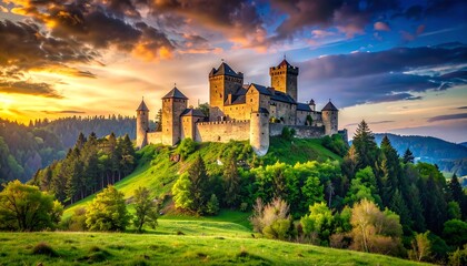 Majestic Medieval Castle at Sunrise, Hilltop Fortress, Scenic Landscape.