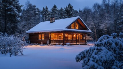 Cozy log cabin in snowy forest at night