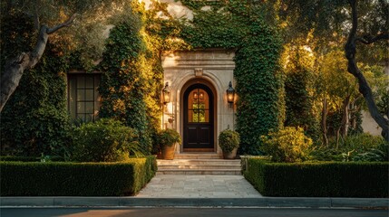 Fototapeta premium Grand arched doorway of a luxurious home, surrounded by elegant hedges and golden hour light. sunset light high quality image.