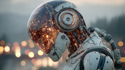 Cyborg head using artificial intelligence to create digital interface on city bokeh background 3D rendering