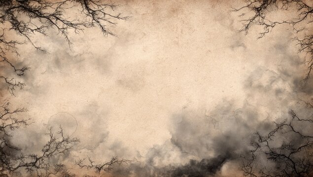 Aged parchment paper with dark, skeletal branches framing a cloudy sky