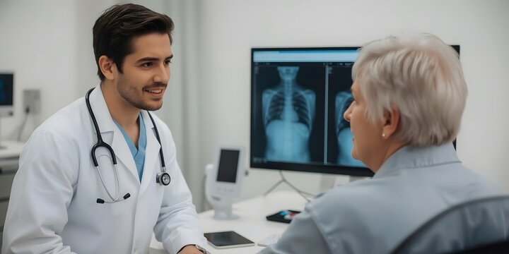 A surgeon reviewing X-ray images with an elder patient in a consultation room - Powered by Adobe
