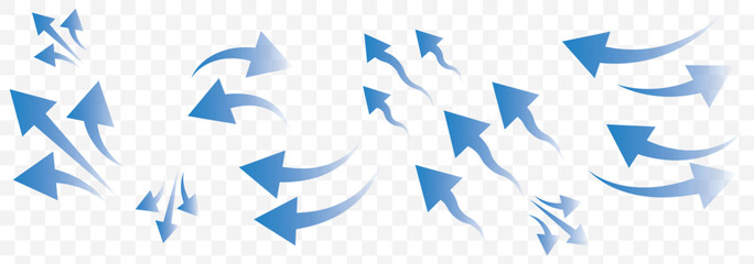 Air flow arrows set. Set of blue arrow showing wind air flow. Vector set of air flow arrows. Blue air flow arrows showing wind circulation and ventilation. Set of blue arrows showing cold air