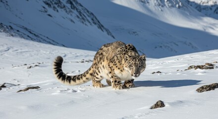 A snow leopard hunts at high altitude in the Himalayas.