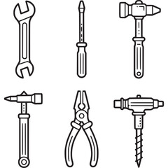 Art of a set of essential hand tools and power tools including a wrench, screwdriver, hammer, pliers, and drill, presented as line art on a