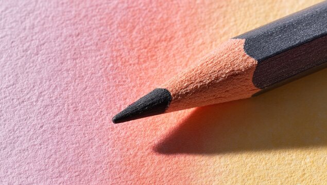 Close-up of a dark gray pencil on a textured, multicolored surface