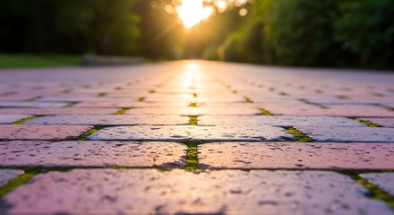 Sunlight Reflects on a Worn Brick Pathway Through Green Trees