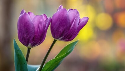 Two vibrant purple tulips, close-up, with soft bokeh background