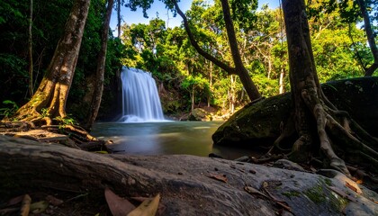 A tranquil waterfall cascading down a rocky outcrop, surrounded by lush green foliage and vibrant natural beauty.