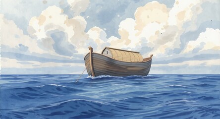 Fototapeta premium Watercolor illustration of Noah's Ark floating on the sea under dramatic cloudy sky