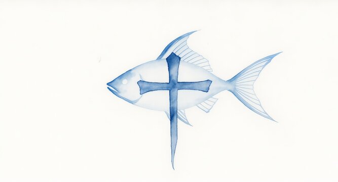 Watercolor fish with Christian cross symbol representing faith and biblical ichthys