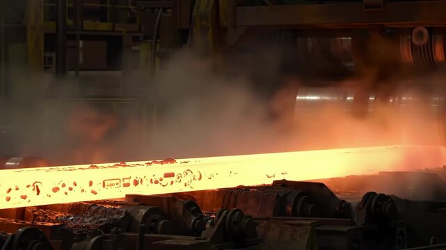 Hot metal bar moving through industrial steel mill rollers