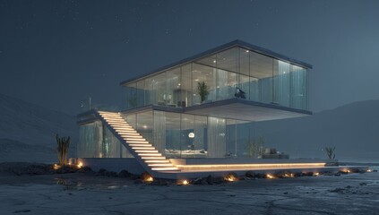 Modern glass house at night in a desert landscape
