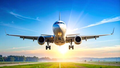 Obraz premium A large commercial jetliner is landing gracefully against a vibrant sunrise sky.