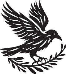 A majestic raven in mid-flight carrying a delicate olive branch, depicted in a bold, decorative silhouette style