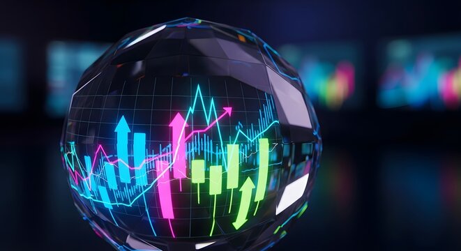 Global market trends visualized on a futuristic transparent sphere showcasing vibrant upward growth charts and positive financial indicators.