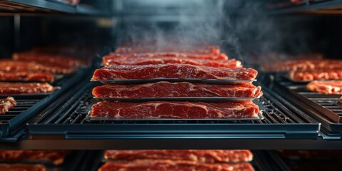 Chilled Warehouse Interior with Rows of Red Meat Cuts in Foggy Atmosphere