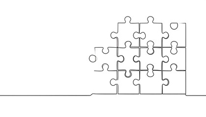 A continuous line drawing of interlocking puzzle pieces forming a complete picture, highlighting the concept of unity and connection.